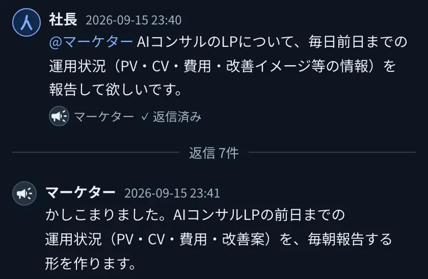 当社の社内チャットのスレッド。9月15日23時40分に社長が「AIコンサルのLPについて、毎日前日までの運用状況（PV・CV・費用・改善イメージ等の情報）を報告して欲しいです」と書き、1分後の23時41分にマーケター役のAI社員が「かしこまりました。AIコンサルLPの前日までの運用状況（PV・CV・費用・改善案）を、毎朝報告する形を作ります」と返信している