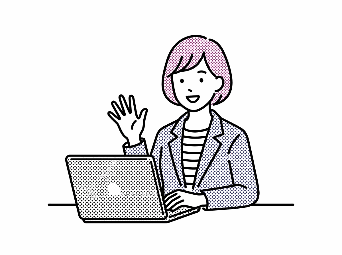 当社の担当がノートPC越しに笑顔で手を振り、気軽に無料相談を始める様子